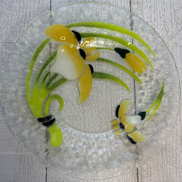 None and/or Unknown Other - Vintage Fused Glass Art Plate Yellow & White Iris Floral Design